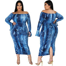 2020 Ladies Denim Blue Long Sleeves Low Shoulder Sexy Dresses Plus Size Casual Dress for Women